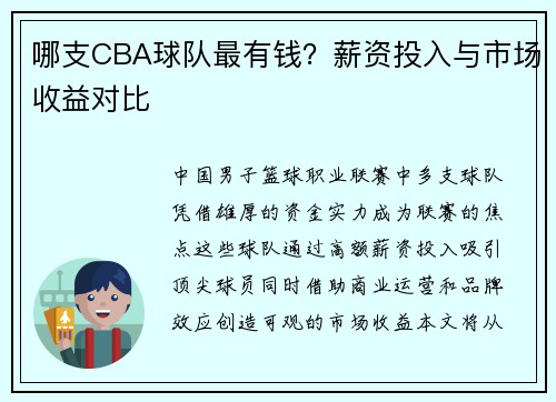 哪支CBA球队最有钱？薪资投入与市场收益对比
