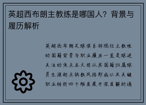 英超西布朗主教练是哪国人？背景与履历解析