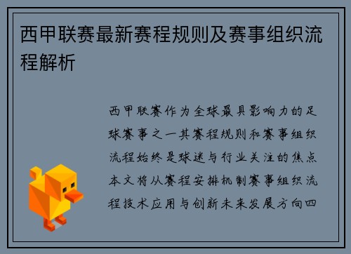 西甲联赛最新赛程规则及赛事组织流程解析