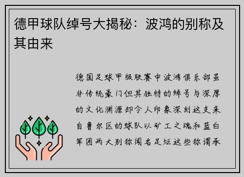德甲球队绰号大揭秘：波鸿的别称及其由来